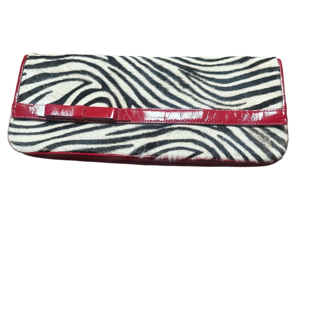Nordstrom White Black Zebra Print Hair Calf Leather Red Patent Clutch Bag Purse